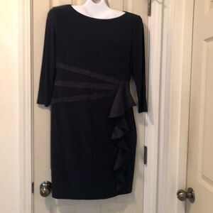 Navy blue dress with 3/4 sleeves and side ruffle - very flattering -size 14
